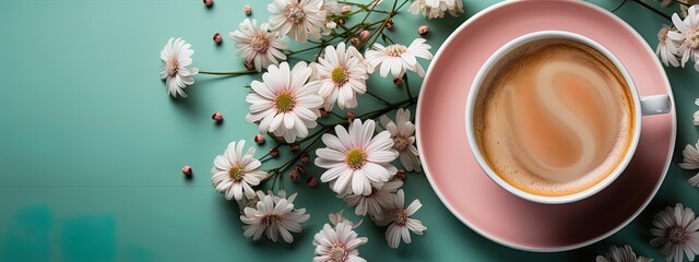 Top view flat lay of a cappuccino Coffee cup on a saucer with chamomile flowers on a green background