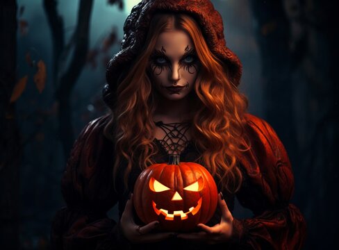 A red-haired woman holding a Halloween pumpkin with a spooky expression.