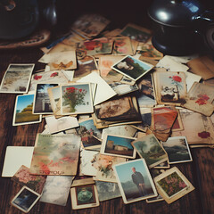 Vintage postcards scattered on a wooden table.