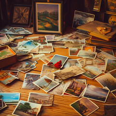 Naklejka na ściany i meble Vintage postcards scattered on a wooden table.