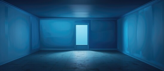 An empty room with two walls painted in shades of blue, creating a simple and clean aesthetic. The room is devoid of furniture or decoration, with only a closed door visible.