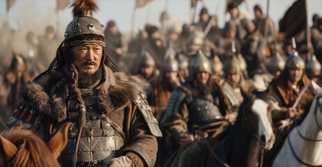 With a determined expression and a firm grip on his reins this Mongol horseman leads his troops into battle a true leader and embodiment of the empire. - obrazy, fototapety, plakaty