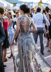 Naklejka premium A woman in a long gown stands in a crowd at a formal event