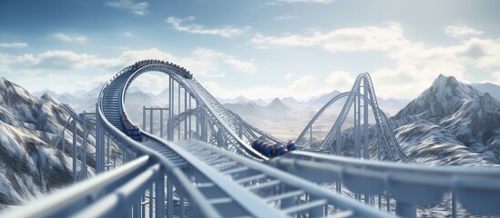 An extreme, adrenaline-pumping rollercoaster track against a backdrop of blue skies and snowy mountains - Powered by Adobe
