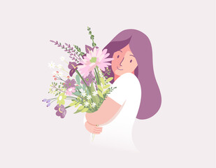 Beautiful young woman holding a bouquet of wild  flowers. Mother's day, Valentine's day, March 8 Women's day concept. Vector illustration.