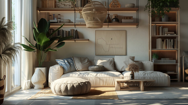 A boho Colonial Living Room,  interior with a couch, sofa, a coffee table, bamboo lamp,  potted plants, decorated with ethnic carpet, rug blinds and other decorations and concrete floor