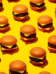 Cheeseburgers on a bright yellow background create a pop art effect, playful and eye-catching,...
