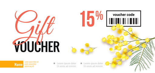 Gift voucher template for Mother`s day, 8 march Woman`s day celebration. Elegant Spring Voucher  with mimosa branch. Vector illustration - obrazy, fototapety, plakaty