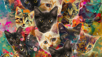 Vibrant and Artistic Collage of Multicolored Cat Faces - obrazy, fototapety, plakaty