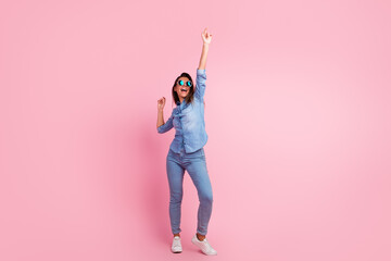 Photo of sweet shiny lady wear white blouse heart glasses dancing empty space isolated pink color background