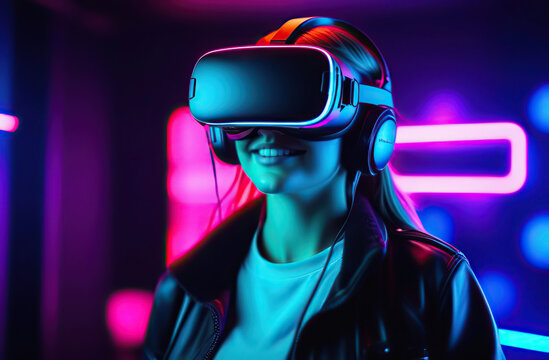 Happy girl playing virtual reality game in vr headset glasses in neon lights. Gamer in goggles with joysticks.