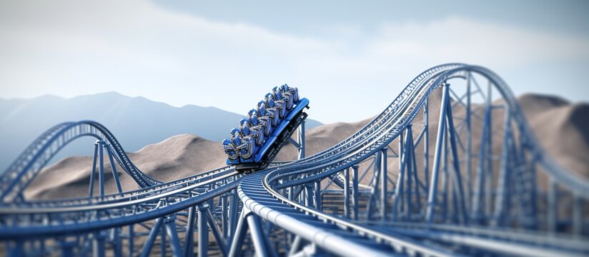 An extreme, adrenaline-pumping rollercoaster track against a backdrop of blue skies and snowy mountains