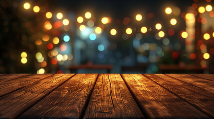 Empty wooden table with defocused warm glowing festive lights creating a bokeh effect in a cozy ambiance.