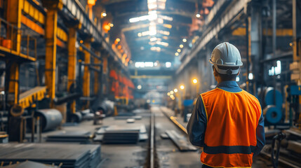 Rear view of industrial engineer in hard hat wearing safety jacket in heavy industrial production plant with metal processing.