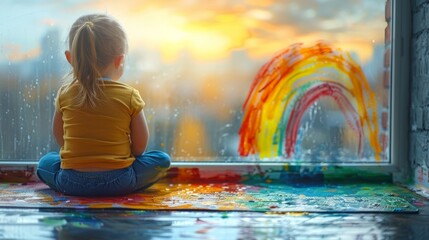 Little girl sitting on the windowsill and playing with colorful paints rainbow. Lonely kid at home. Autism concept - obrazy, fototapety, plakaty