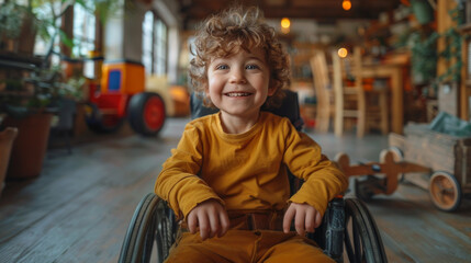 Portrait of a little boy with curly hair sitting in a wheelchair. Autistic disorder playing at home.
