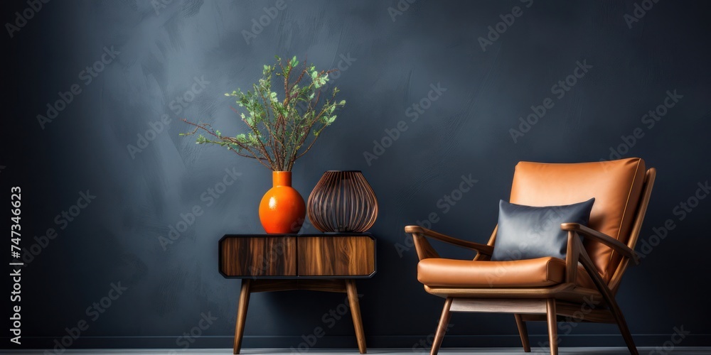 Poster chair table and vase in minimalistic waiting area generative ai