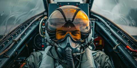 In the Cockpit, Photo of a Fighter Pilot Captured in the Intense Environment of a Fighter or Jet Cabin, Ready for Action.