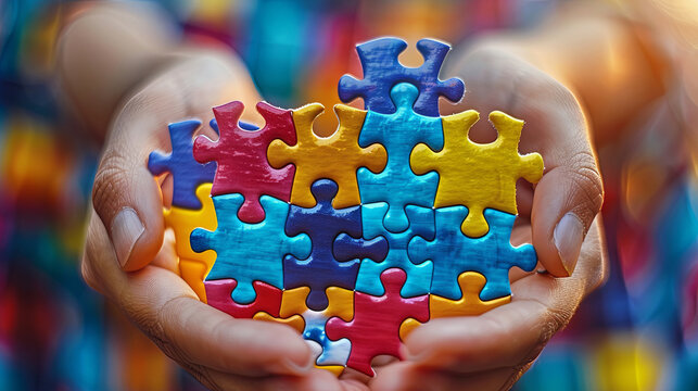 Close up of human hands holding colorful puzzle pieces. World Autism awareness and pride day or month with Puzzle pattern.