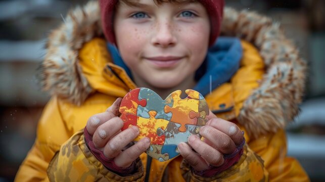Portrait of a boy with a puzzle in the shape of a heart. World autism awareness day concept
