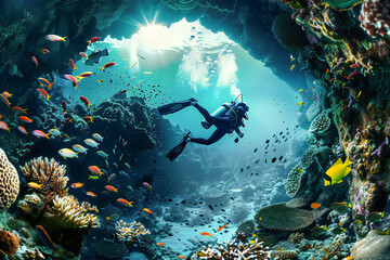 scuba diver swims underwater in pristine view with incredible water world - obrazy, fototapety, plakaty