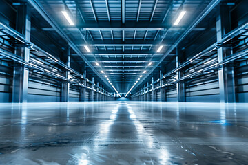 Sleek Modern Warehouse Interior. Perspective view of an empty warehouse with futuristic lighting and shiny floors.