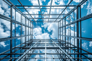 Scaffolding Structure with Sky View. Upward view of metal scaffolding creating a geometric pattern against the backdrop of a bright blue sky with clouds.