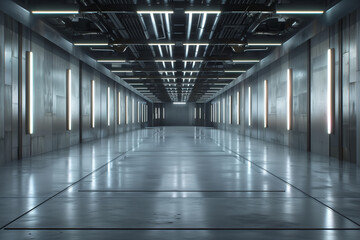Futuristic Corridor with Neon Lights. A sleek, modern corridor illuminated by neon lights, showcasing a futuristic design with a metallic floor and cool tones.