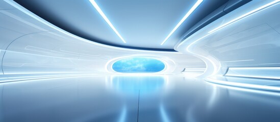 A tunnel with a futuristic, smooth white interior leads towards a bright blue light at the end. 