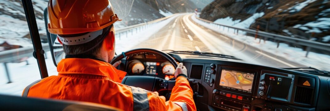 On the Road, Truck or Dump Truck Driver Behind the Wheel in the Cabin, Wearing Orange Outfit with Reflective Stripes for Safety.