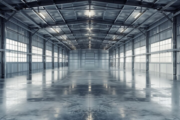 Modern Industrial Warehouse with Natural Light. The interior of a modern industrial warehouse with a shiny floor reflecting the ample natural light coming through large windows.