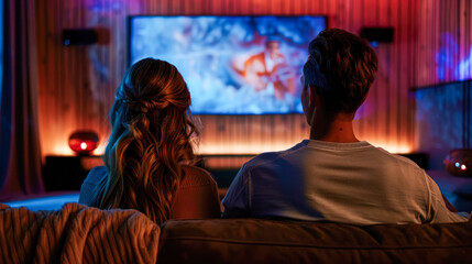 Back view of young couple watching TV at home while sitting on sofa lit by warm cozy light in the evening. home cinema, online cinema. Friends are watching a movie at home