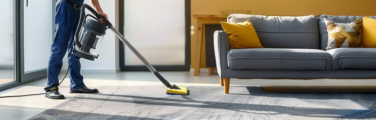 Home Cleaning with Portable Vacuum Cleaner. Home cleaning process captured with a person using a portable vacuum cleaner on a rug in a sunlit, cozy living room setting.