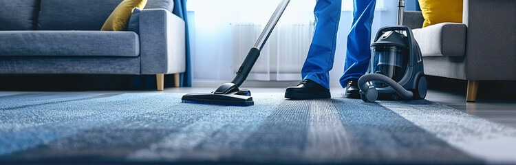 Efficient Home Cleaning with a Compact Vacuum. A person is vacuuming a textured blue carpet in a living room, using a compact and modern vacuum cleaner, emphasizing cleanliness and home care. - obrazy, fototapety, plakaty
