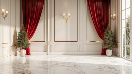 White marble room luxury and modern style with red curtain and christmas tree,