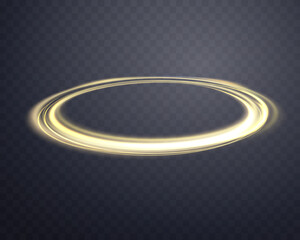 Gold magic glowing ring. Neon realistic energy flare halo ring. Abstract light effect on a dark transparent background. Vector illustration.