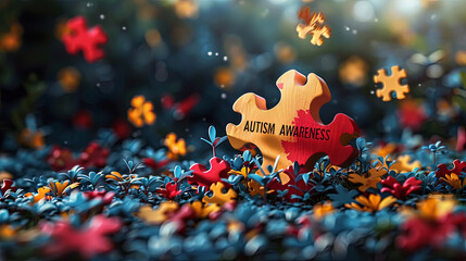Autism awareness concept with wooden puzzle piece on nature background llustration.
