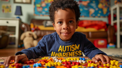 African american boy playing with blocks at home. Autism awareness concept - obrazy, fototapety, plakaty