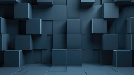 Abstract 3D rendering of a blue geometric background. The background is made up of many small cubes of different sizes.