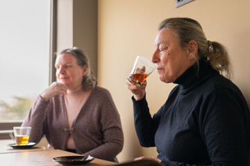 Two senior women friends in a cafe having tea