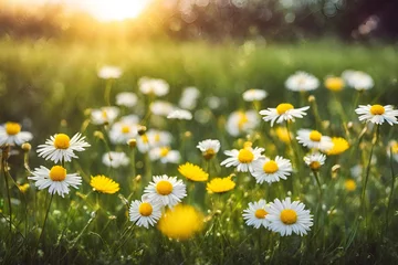 Poster Beautiful summer natural background with yellow white flowers daisies clovers and dandelions in grass against of dawn morning © superbphoto95