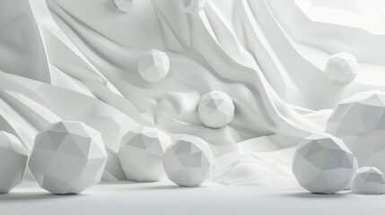 White abstract background with geometric shapes. Futuristic 3D illustration with spheres and soft folds.