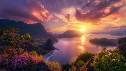 Poster de jardin Violet Amazing sunset landscape with mountains and sea. Pink clouds, blue water, green trees and violet flowers.