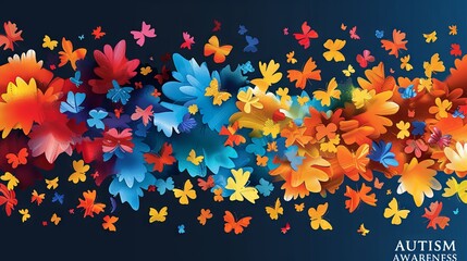 Autumn background with colorful leaves and butterflies. Vector illustration for your design. Autism Awareness, - obrazy, fototapety, plakaty
