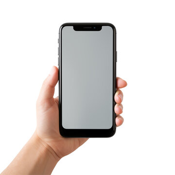 Hand holding blank screen mobile mockup on transparent background PNG image