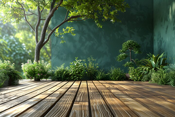 Empty wooden terrace with green wall 3d render,There are wood plank floor with tropical style tree garden background sunlight shine on the tree 2