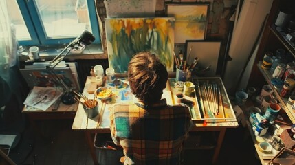 Fototapeta premium An artist in his studio is working on a new painting. He is wearing a plaid shirt and has his hair in a bun.