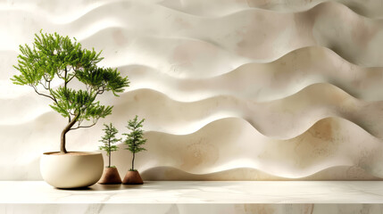  Bonsai tree in pot on white marble shelf.