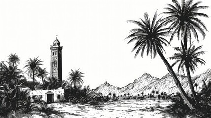 Black ink hand drawn palm tree and mosque. Eid ul Adha concept