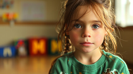 Portrait of a cute little girl with long hair in the room. Autism spectrum disorder family support concept. - obrazy, fototapety, plakaty